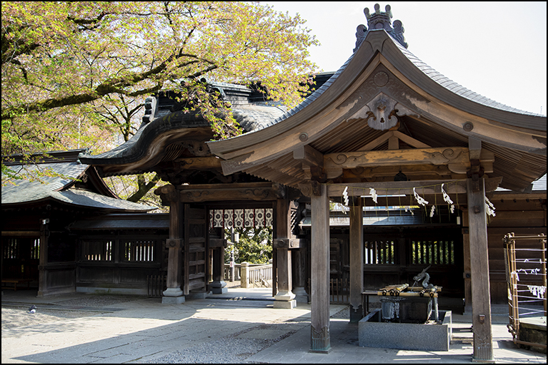 手水舎より唐破風神門を望む